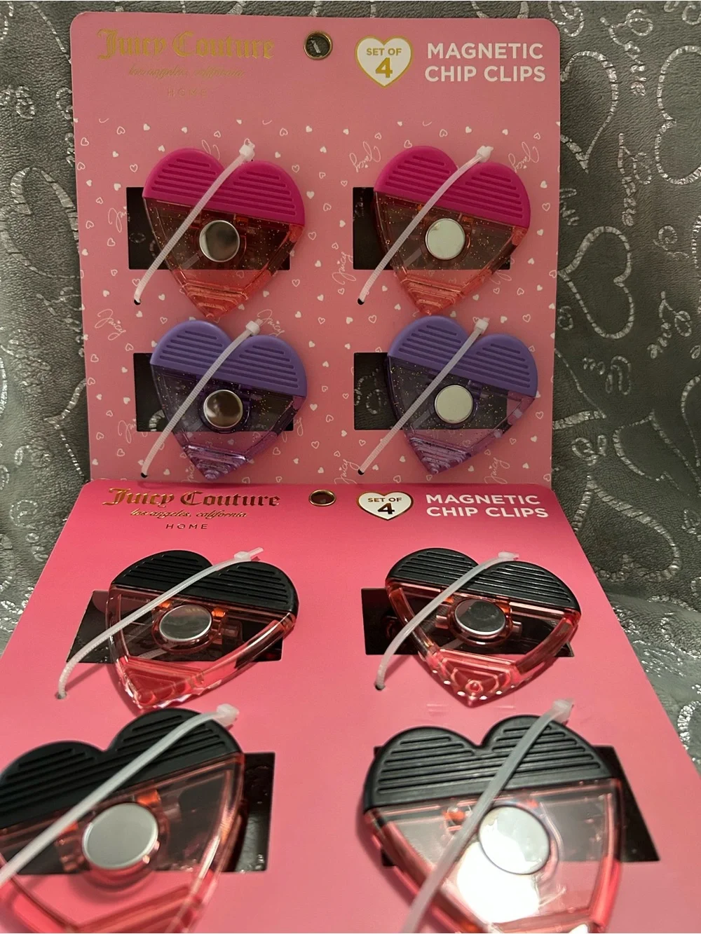 NWT Juicy Couture Heart Magnetic Chip Clips - Hot Pink, Lavender & Black